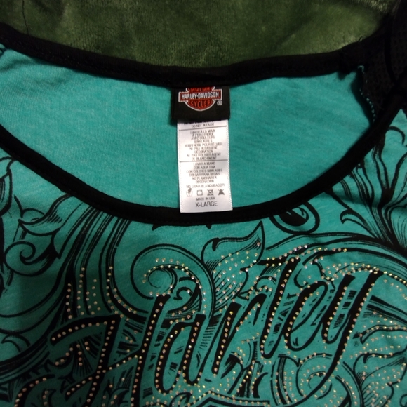♥️ 💙 Harley Davidson blue/green shirt with fishnet 1/2 sleeves - Picture 4 of 5